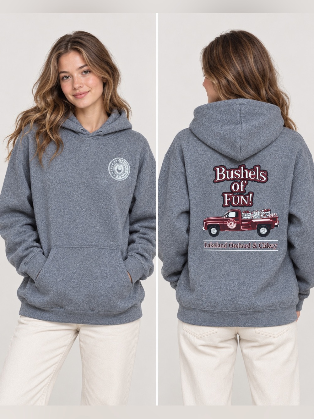 Lakeland Orchard & Cidery “Bushels of Fun” Gray Unisex Hoodie Medium